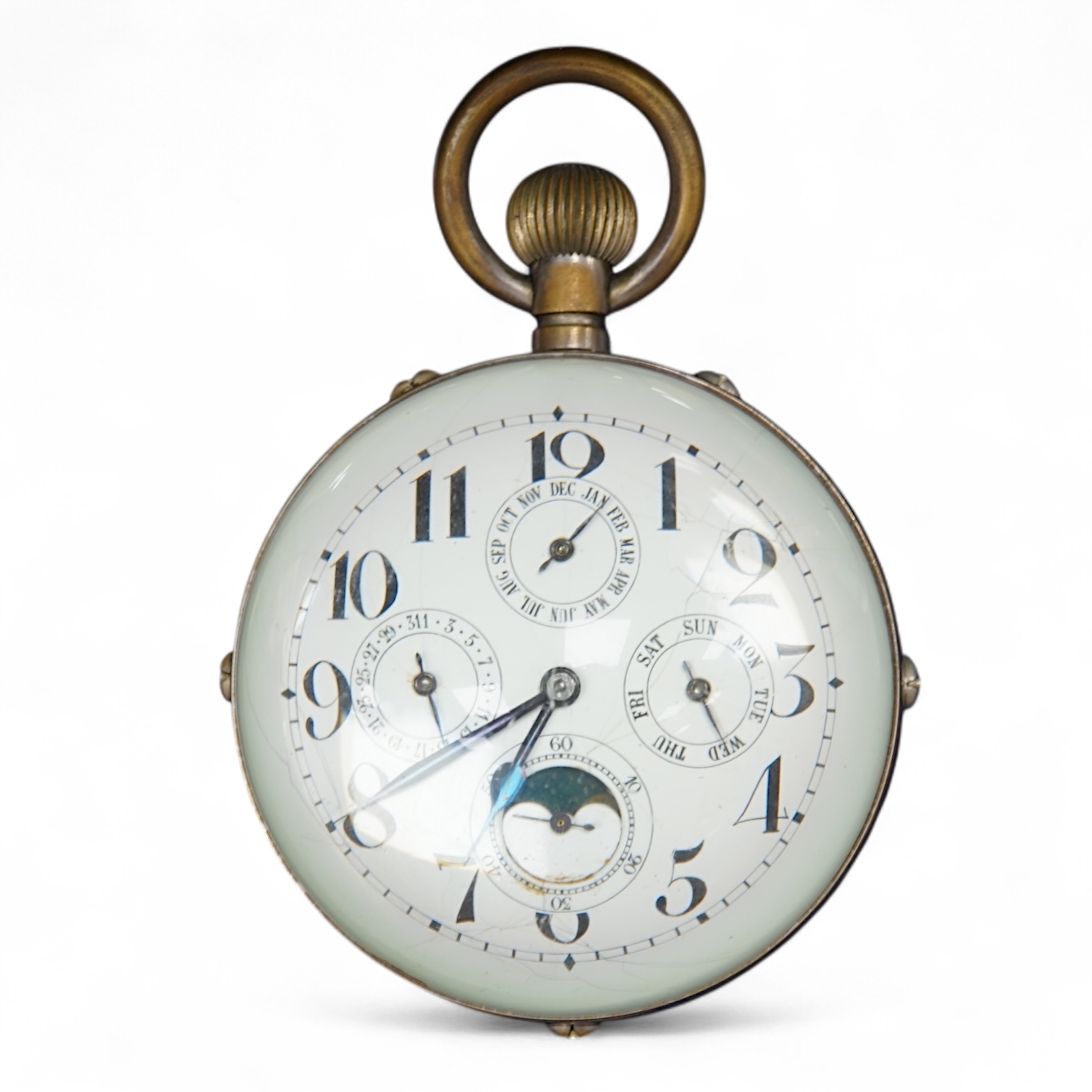 A large oversized spherical glass encased desk timepiece, with four subsidiary dials, 16cm